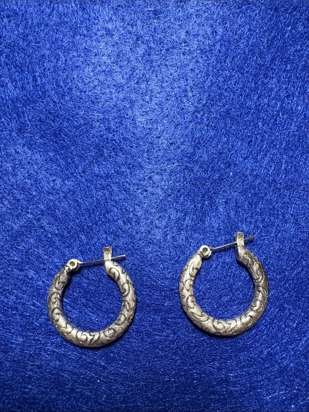 Silver Carved Hoop Earrings - Blue